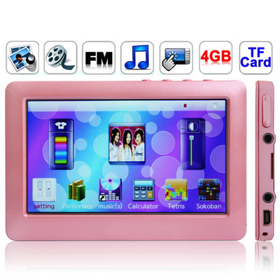 4.3 inch Touch screen 4GB MP5 Player, Support FM Radio, E-Book, Games, TV Out (Pink) - Click Image to Close